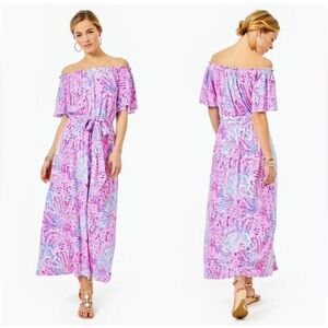 Lilly Pulitzer Moriah Off-The-Shoulder Midi Dress Raz Berry Sea, XL